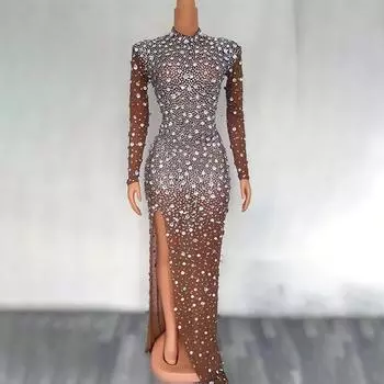 Вечернее платье Novans Brown & White Diamond с разрезом сбоку и длинными рукавами Large темно-коричневого