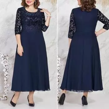 Вечернее платье, очаровательное трапециевидное платье макси на ощупь, большие размеры, кружевное шифоновое вечернее платье, вечернее платье, женская одежда XXXXL темно-синий