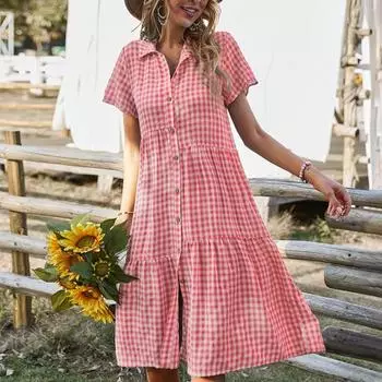 Вечернее платье Однобортный сарафан в клетку Стильный свободный крой миди с принтом для S розовый