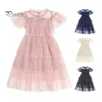 Вечернее платье, прозрачное сетчатое лоскутное платье в форме звезды с блестками, платье для маленьких девочек, платье для выступлений 12-13 Years розовый