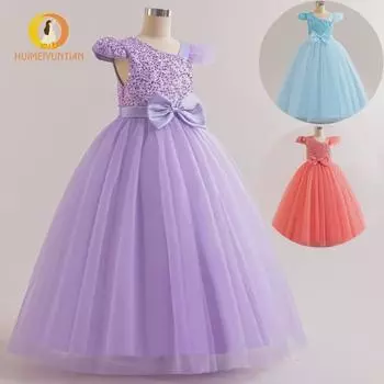 Вечернее платье с бантом из пайеток 2025 года для девочек - пышное длинное в стиле принцессы 130cm/8Y небесно-голубой