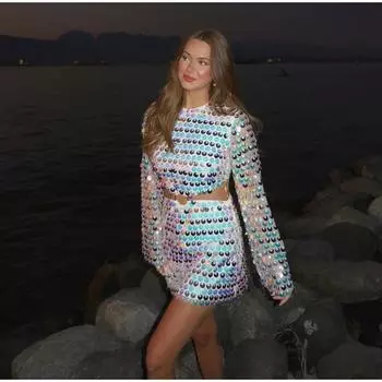 Вечернее платье с блестками, длинным рукавом и круглым вырезом, тонкие женские мини-платья с открытой спиной, вечерние вечерние женские халаты с вырезами S чёрный