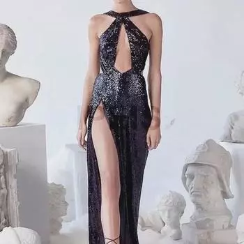 Вечернее платье с бретельками через шею 2024 года с асимметричным бисером — сексуальная одежда для вечеринок на весну/лето для женщин S чёрный
