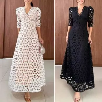 Вечернее платье с цветочным вырезом, двухслойное платье макси А-силуэта с короткими рукавами, V-образным вырезом и высокой талией, выпускное платье с застежкой-молнией сзади, платье для отпуска XL чёрный