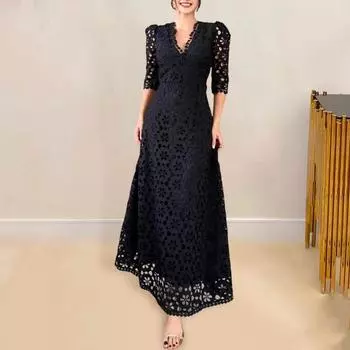 Вечернее платье с цветочным вырезом, двухслойное платье макси А-силуэта с короткими рукавами, V-образным вырезом и высокой талией, выпускное платье с застежкой-молнией сзади, платье для отпуска M чёрный