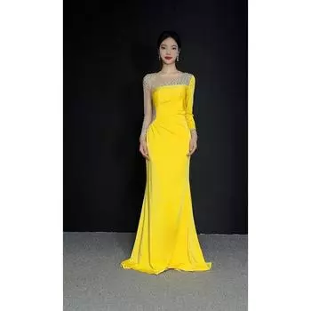 Вечернее платье с длинным рукавом, нишевое, для вечеринки, приталенное Yellow M