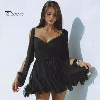 Вечернее платье с длинными разрезами и рукавами-фонариками. Леопардовый принт. Низкий вырез. V-образный вырез. Оборка. Узкая талия. S чёрный