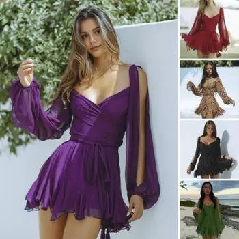 Вечернее платье с длинными разрезами и рукавами-фонариками. Леопардовый принт. Низкий вырез. V-образный вырез. Оборка. Узкая талия. Трапеция. Крест. S