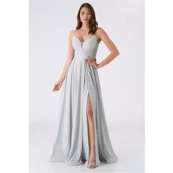 Вечернее платье с длинными разрезами на тонких бретельках Серебряный NUR