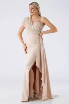 Вечернее платье с длинными рукавами и воланами по бокам, бежевое LICHO