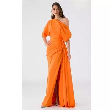 Вечернее платье с драпировкой и низкими плечами оранжевое EHEL