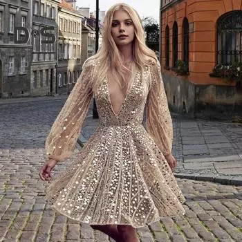 Вечернее платье с глубоким V-образным вырезом, прозрачным сетчатым платьем А-силуэта, коротким платьем с длинными рукавами-фонариками для выпускного вечера и коктейльной вечеринки S серебряный