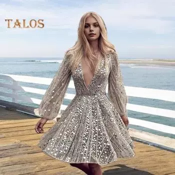 Вечернее платье с глубоким V-образным вырезом, прозрачным сетчатым платьем А-силуэта, коротким платьем с длинными рукавами-фонариками для выпускного вечера и коктейльной вечеринки S золотистый