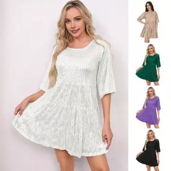 Вечернее платье с круглым вырезом, короткими рукавами, пайетками, А-силуэта, свободным подолом, мини-платье, летнее весеннее однотонное платье S