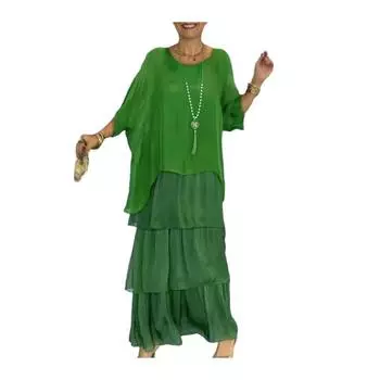 Вечернее платье с многослойным подолом и короткими рукавами, макси-платье с рукавами «летучая мышь» XL зелёный
