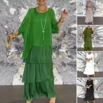 Вечернее платье с многослойным подолом, короткими рукавами, макси-платьем, рукавами «летучая мышь», мешковатым круглым вырезом, шифоновым платьем для выпускного вечера 2XL серый