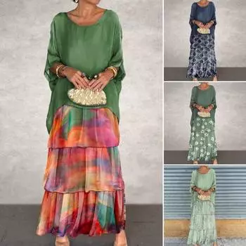 Вечернее платье с многослойным подолом в виде торта, контрастным цветным принтом, короткими рукавами, макси-платьем, рукавами «летучая мышь», мешковатым круглым вырезом, шифоновым платьем для выпускного вечера 2XL