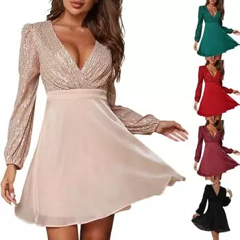 Вечернее платье с пайетками и сращиванием в сетку с глубоким V-образным вырезом и короткими рукавами с короткими рукавами M чёрный