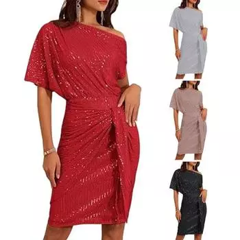 Вечернее платье с пайетками на одно плечо, косой вырез, длина до колена, облегающее платье со шнуровкой и бантом, асимметричный дизайн, плиссированное платье-футляр, платье знаменитости для выпускного банкета M красный