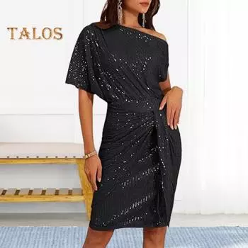 Вечернее платье с пайетками на одно плечо, косой вырез, длина до колена, облегающее платье со шнуровкой и бантом, асимметричный дизайн, плиссированное платье-футляр, платье знаменитости для выпускного банкета S розовый