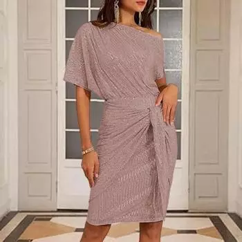 Вечернее платье с пайетками на одно плечо, косой вырез, длина до колена, облегающее платье со шнуровкой и бантом, асимметричный дизайн, плиссированное платье-футляр, платье знаменитости для выпускного банкета L чёрный