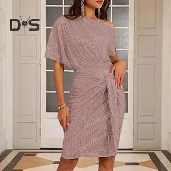 Вечернее платье с пайетками на одно плечо, косой вырез, длина до колена, облегающее платье со шнуровкой и бантом, асимметричный дизайн, плиссированное платье-футляр, платье знаменитости для выпускного банкета XL серебряный