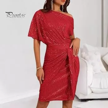 Вечернее платье с пайетками на одно плечо, косой вырез, длина до колена, облегающее платье со шнуровкой и бантом, асимметричный дизайн, плиссированное платье-футляр, платье знаменитости для выпускного банкета S красный