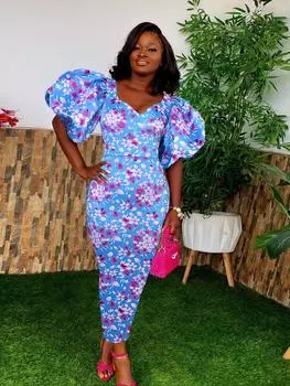 Вечернее платье с пышными рукавами для женщин, с вырезом в форме сердца, с цветочным принтом, синее, до щиколотки, африканские платья, вечерние наряды S синий