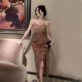 Вечернее платье с разрезом и пайетками в стиле светской львицы 2024 года Small шампанского/золотой