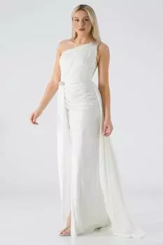 Вечернее платье с разрезом на одно плечо и боковым шлейфом Ecru HUGE