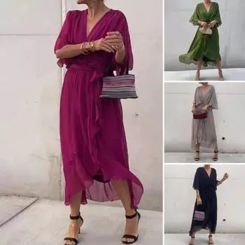 Вечернее платье с рукавами «летучая мышь», неровным оборчатым подолом, V-образным вырезом, шнуровкой на талии, плиссированным однотонным платьем миди из тонкой ткани для выпускного вечера M