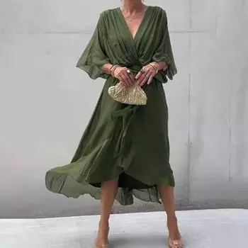 Вечернее платье с рукавами «летучая мышь», неровным оборчатым подолом, V-образным вырезом, шнуровкой на талии, плиссированным однотонным платьем миди из тонкой ткани для выпускного вечера M пурпурно красный