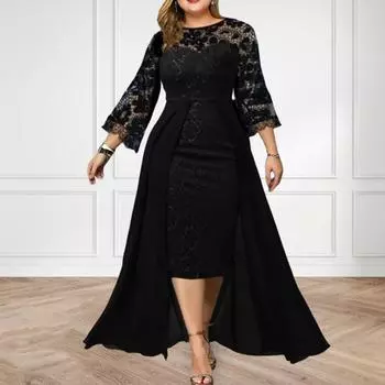 Вечернее платье с рукавом 3/4, универсальное, приятное на ощупь, привлекательное прозрачное кружевное платье больших размеров, женское вечернее платье, праздничная одежда 5XL чёрный