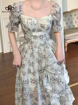 Вечернее платье с винтажным принтом и цветочным принтом, летние элегантные платья феи с оборками и короткими пышными рукавами, женская одежда, вечерние платья S