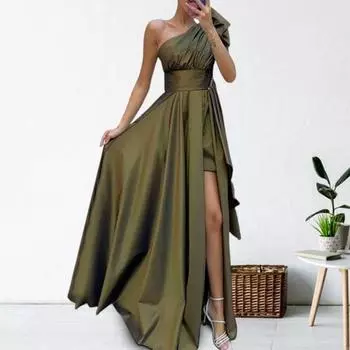 Вечернее платье с высоким разрезом на одно плечо без рукавов, плиссированное, с высокой талией, нестандартное XL армия зеленый