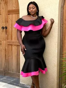 Вечернее платье-труба, женское облегающее платье-русалка с открытыми плечами и оборками, черное миди, элегантное платье для дня рождения, большой размер S ярко-розовый