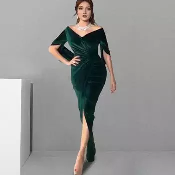 Вечернее платье Yousheng Lady, облегающее, плиссированное, с открытыми плечами, разрезом, рукавами до локтя, для ежегодного симпозиума, свадьбы, выпускного вечера, макси-платья, бальное платье S синий