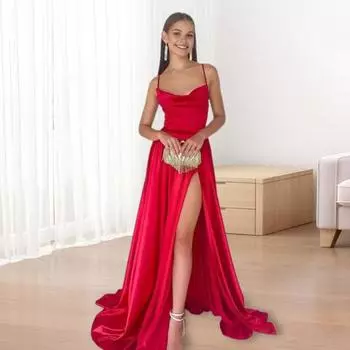 Вечернее платье Yousheng Lady с глубоким вырезом, без воротника, без спинки, без рукавов, на тонких бретельках, облегающее, с высоким разрезом, однотонное атласное банкетное бальное платье S красный