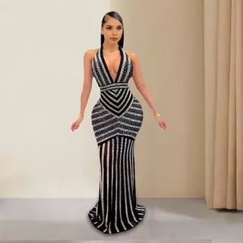 Вечернее платье Yousheng Lady с глубоким V-образным вырезом, бретелькой через шею, в полоску, с отделкой из мерцающих страз, с открытой спиной, с открытыми плечами, длинное коктейльное платье для выпускного вечера S чёрный