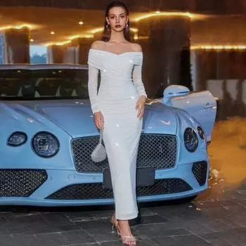 Вечернее платье Yousheng Lady с открытыми плечами, длинными рукавами, сетчатым лоскутным плиссированным бандо с крестообразным кроем, облегающее коктейльное платье макси для выпускного вечера, свадьбы M белый