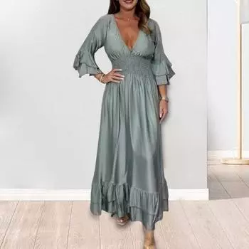 Вечернее платье Yousheng Lady с V-образным вырезом, тонкой талией, оборками на манжетах, атласным плиссированным многослойным подолом, А-силуэта, макси-платье с длинными рукавами, свадебное банкетное платье M