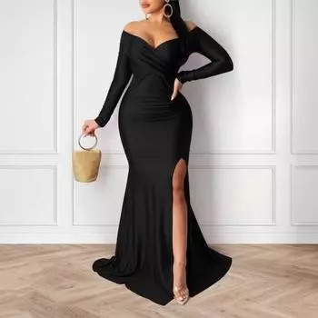 Вечернее платье Yousheng Lady с V-образным вырезом, открытыми плечами, боковыми разрезами, длиной до пола, длинными рукавами, плиссированное, облегающее, макси-платье, бальное платье, банкетное платье S зелёный