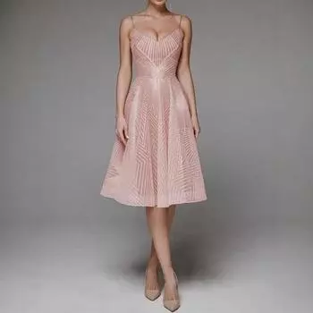 Вечернее платье Yousheng с V-образным вырезом, А-силуэта, облегающее платье с высокой талией и бретельками, платье-комбинация без рукавов и вышивкой для выпускного вечера XS розовый