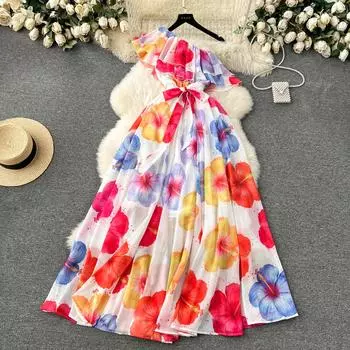 Вечернее платье женское милое шифоновое праздничное длинное платье с рюшами и косым воротником с открытыми плечами для женщин S розовый