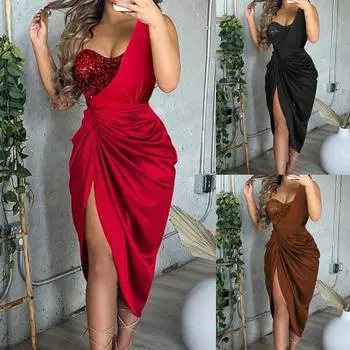 Вечернее платье, женское облегающее платье с открытыми плечами и блестками, на свадьбу L чёрный