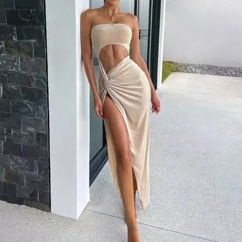 Вечернее сексуальное платье без рукавов с разрезом, женское открытое обтягивающее элегантное длинное платье, женская модная женская красивая клубная одежда 2024 S абрикосовый