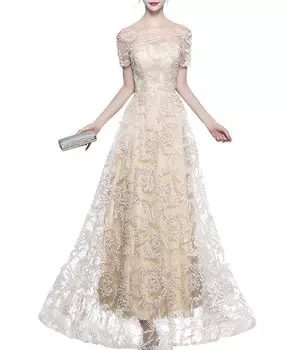 Вечернее Свадебное Длинное Платье для Вечеринки на Один Раз [PHOLEEY], Платье, Платье, Платье, Деталь, Вышивка, Цветочный, Кружево, Макси, Среднее, Тюль, На Плечо,