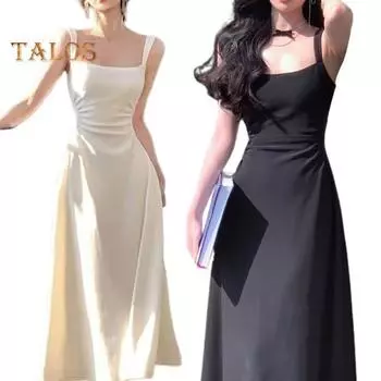 Вечернее женское платье с низким вырезом и квадратным вырезом, без рукавов, с высокой узкой талией, трапециевидной формы, плиссированное, сплошной цвет, во французском стиле, до щиколотки, для выпускного банкета, макси S чёрный