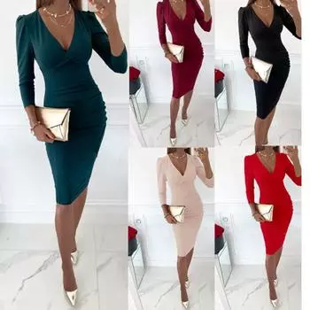 Вечернее женское сплошное платье с V-образным вырезом и длинным рукавом длиной до колена Bodycon Dress S красный