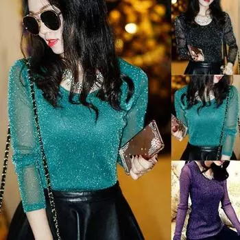 Вечерние дикие блестящие золотые и серебряные сетчатые рубашки с круглым вырезом, блузки, футболки M чёрный